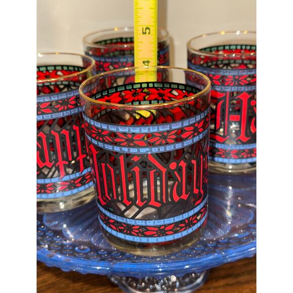 Set of 4 Vintage Houze "Happy Holidays" Stained Glass 4” Barware Lowball Glasses - Picture 4 of 6